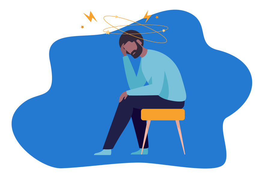 Pessoa sentada numa cadeira, com uma mão na cabeça, visivelmente cansado.